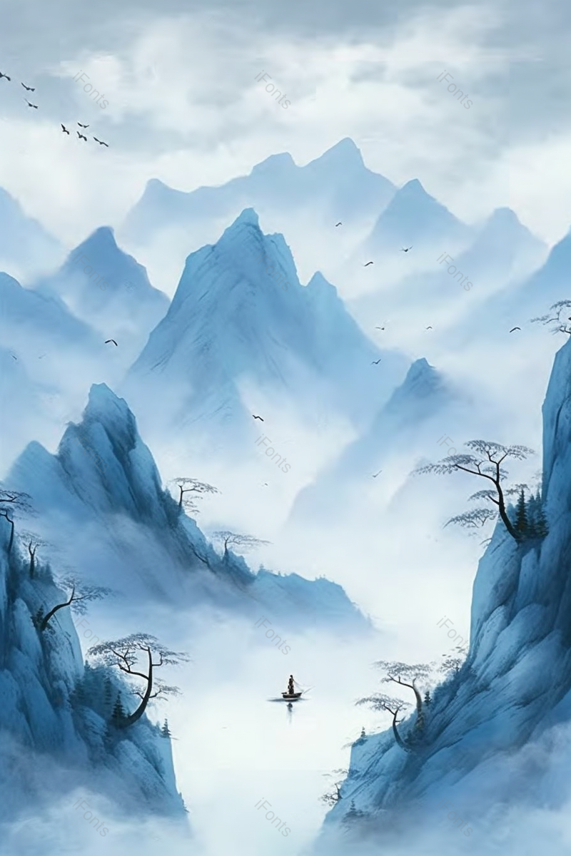 中国风蓝色山水国画云雾中的山峦,插画/手绘图,插画/手绘图库,插画/手绘图下载,插画/手绘